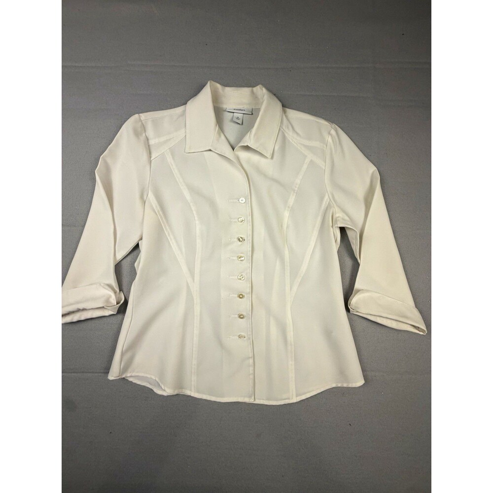 dressbarn White Solid Woven Collared 3/4 Sleeve Button-Up Stretch Blouse M